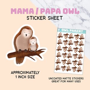 Uil bovenliggende stickervel, mama, papa, babyshower, plakboek, uitnodigingen, papierkunst, decor, feest, 1 inch, klein, stationair, uilbaby
