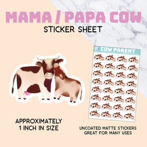 Koe ouder stickervel, mama, papa, babyshower, voor plakboek, uitnodigingen, papierkunst, decor, feest, één inch, klein, stationair, kalf