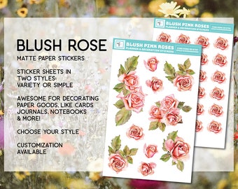 Pink Rose sticker sheet, floral stickers, blush rose, roses, garden, stationary, ephemera, scrapbooking, journals, notebooks, small, bouquet