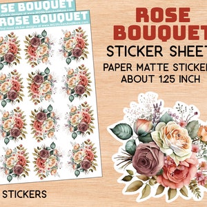 Stickers bouquet de roses, juin, multicolore, feuilles, aquarelle, créations en papier, fleurs, articles de papeterie, créations manuelles, valeur, feuille d'autocollants en papier mat