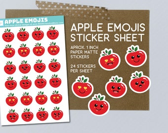 Apple emoji sticker sheet for crafting, journaling, scrapbooking, cute Apple stickers, Apple with faces, emoticons. expressive Apple face