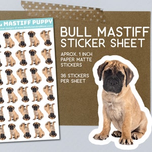 Bull Mastiff puppy sticker sheet, paper matte stickers, stationary, for notebooks, invitations, journals, card making, dogs, breeder, pups