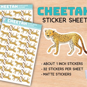 Gepard StickerBogen, matte Sticker, Zoo, Tierliebe, afrikanische Tiere, Stationär, für Journale, Planer, Notizbücher, große Katze, gepunktet