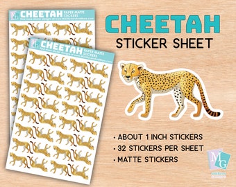 Cheetah sticker sheet, matte stickers, zoo, animal love, African animals, stationary, for journals, planners, notebooks, big cat, spotted