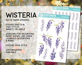 Wisteria flower sticker sheet, wisteria stickers, purple, floral, garden, small, bouquet, paper matte, stationary, garden, spring, summer