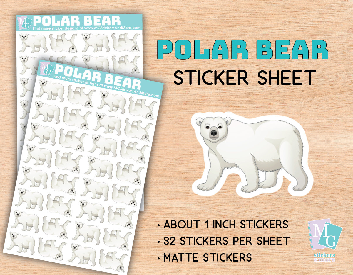 Polar Bear Sticker Sheet, Matte Stickers, Zoo, Animal Love, Animals,  Stationary, for Journals, Planners, Gifts, Notebooks, Travel, Arctic 