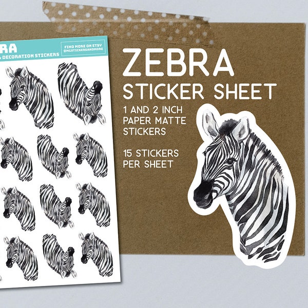 Zebra sticker sheet, paper matte stickers, zebras, animals, zoo, safari sticker collection, crafting, album, paper project, zebra stationary