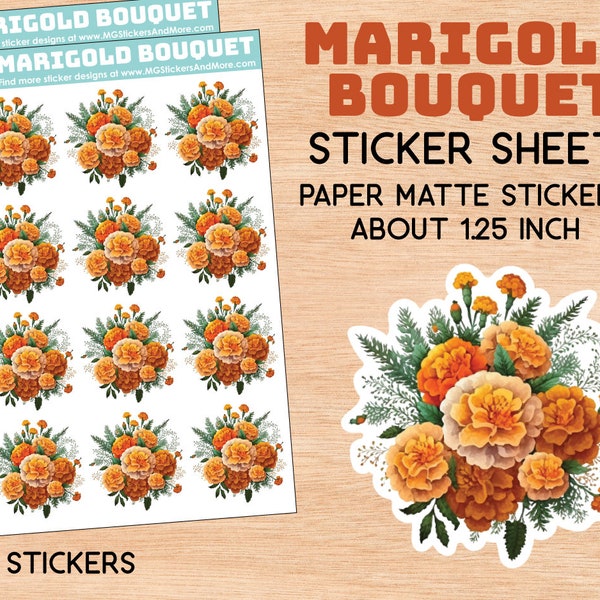 Marigold Bouquet stickers, October, fall, orange, watercolor, paper crafting, floral, stationary, crafting, value, paper matte sticker sheet