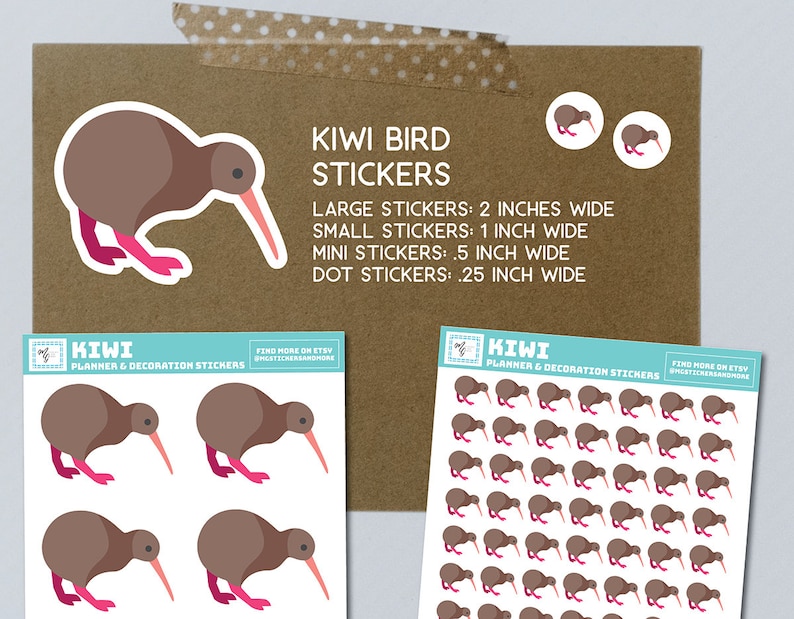 May include: A set of brown kiwi bird stickers in various sizes. The stickers include large, small, mini, and dot sizes. The stickers are perfect for planners, journals, and other craft projects.