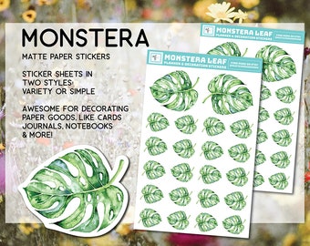 Monstera leaf sticker sheet, paper matte, watercolor monstera, assorted size, plant lover, leaf, monstera, garden, home plant, stationary