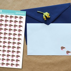 May include: A sheet of planner and decoration stickers featuring a repeating pattern of brown kiwi birds with pink beaks and legs. The sheet is white with the text "KIWI PLANNER & DECORATION STICKERS FIND MORE ON ETSY @STICKERANDMORE" printed at the top.