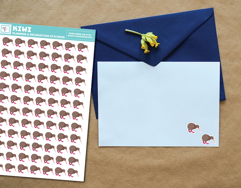 May include: A sheet of planner and decoration stickers featuring a repeating pattern of brown kiwi birds with pink beaks and legs. The sheet is white with the text "KIWI PLANNER & DECORATION STICKERS FIND MORE ON ETSY @STICKERANDMORE" printed at the top.