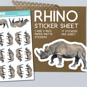Rhino sticker sheet, paper matte stickers, rhinos, animals, zoo, safari sticker collection, crafting, album, paper project, zebra stationary