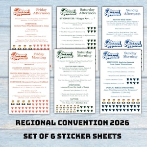 May include: A set of six sticker sheets for the Regional Convention 2026. Each sheet features the "Eternal Happiness" logo and schedules for Friday, Saturday, and Sunday, with various symposium topics and Bible verses.