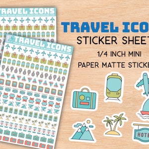 Travel stickers, planner sticker, icons, small, mini, paper matte, stationary, labels, calendar, notebook, doodle, plane, train, vacation