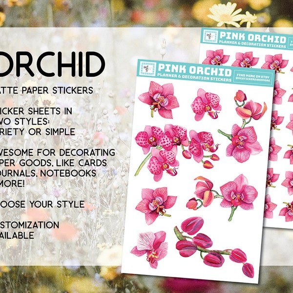 Orchid sticker sheet, pink orchids, flowers, garden, orchid branch, spring, summer, stationary, pretty orchids, watercolor style, fancy
