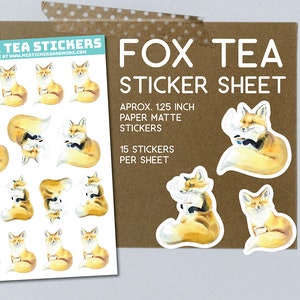 Feuille d’autocollants Fox Tea, renards mignons, renard et thé, tea party, autocollants mats en papier, pour la papeterie, le scrapbooking, la fabrication de cartes, l’artisanat