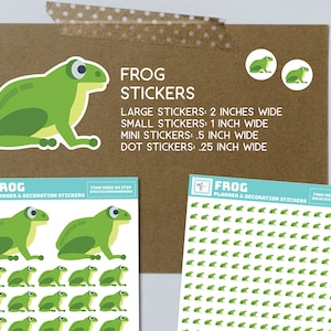 Frog Stickers, frog dot stickers, mini frog stickers, large frog stickers, frog planner stickers, frog die cut stickers, frog sticker sheet