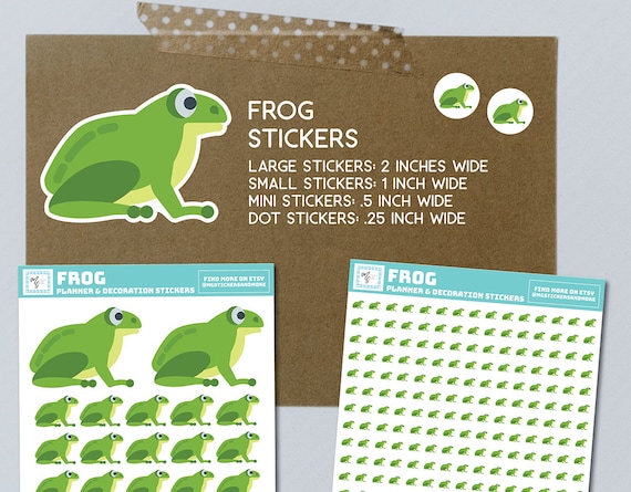 Frog Stickers, frog dot stickers, mini frog stickers, large frog stickers, frog planner stickers, frog die cut stickers, frog sticker sheet