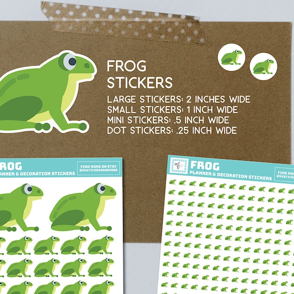 Frog Stickers, frog dot stickers, mini frog stickers, large frog stickers, frog planner stickers, frog die cut stickers, frog sticker sheet