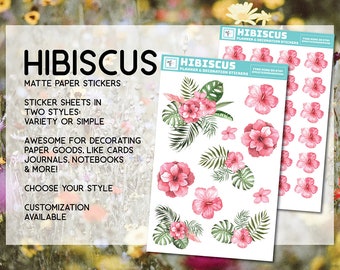 Hibiscus sticker sheet, flower, tropical, stickers, arrangement, island, stationary, notebooks, journal, pink, green leaves, cute, ephemera