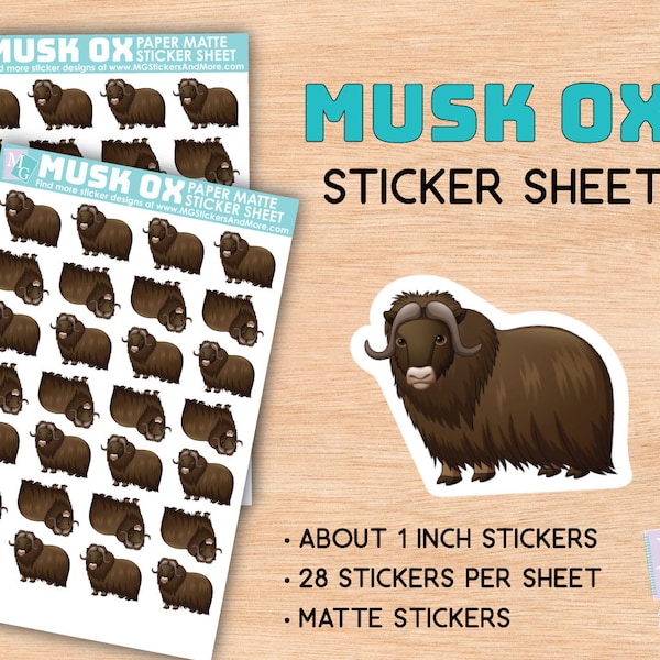 Musk ox sticker sheet, matte stickers, zoo, animal love, animals, stationary, for journals, planners, gifts, notebooks, travel, Arctic, cow