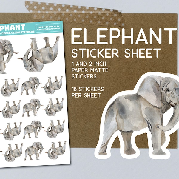 Elephant sticker sheet, paper matte stickers, elephants, animals, zoo, safari sticker collection, crafting, album, paper project, stationary