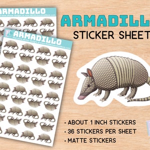 Armadillo sticker sheet, matte stickers, zoo, animal love, animals, stationary, for journals, planners, gifts, notebooks, travel, Texas, US