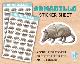 Armadillo sticker sheet, matte stickers, zoo, animal love, animals, stationary, for journals, planners, gifts, notebooks, travel, Texas, US