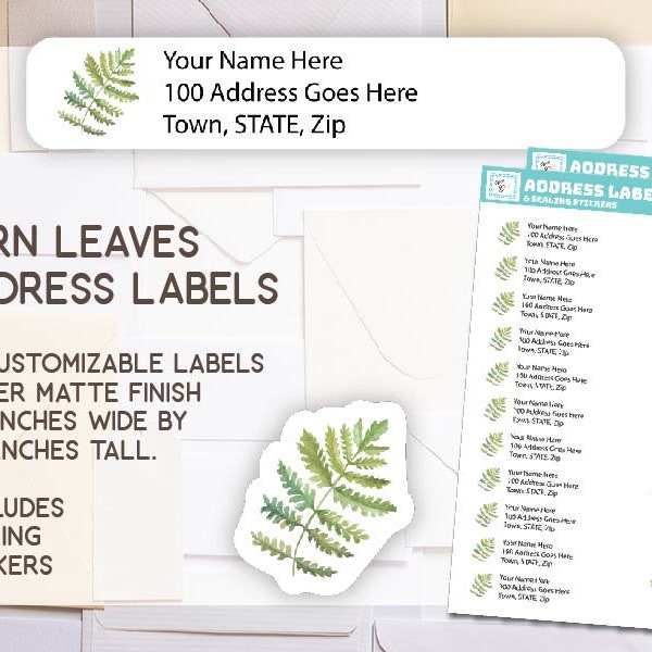 Fern leaves, address labels, return address, custom, stickers, labels, pen pal, garden, mailing, snail mail, gift, stationary,