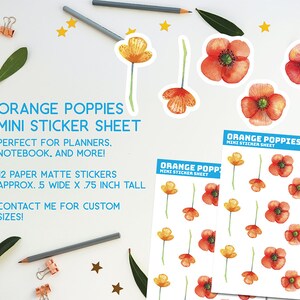 Mini adesivos de papel de papoulas laranja, mini papoulas, flores silvestres, mini adesivos, núcleo de casa de campo, flores, jardim, diário com marcadores, caderno, pequeno