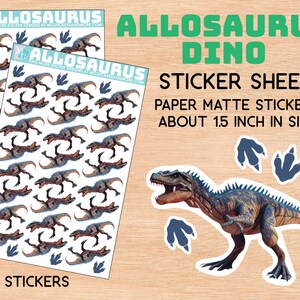 Foglio adesivo Allosaurus, dinosauro, stazionario, Dino, realistico, arte, adesivi opachi di carta, giurassico, denti, predatore, album, inviti