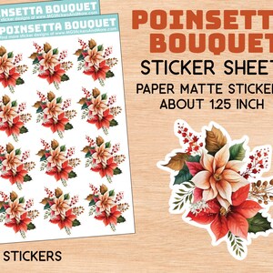 Poinsettia Boeket stickers, winter, rode bessen, aquarel, papier knutselen, bloemen, stationair, knutselen, waarde, papier mat stickervel