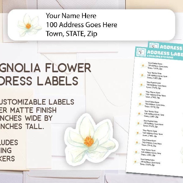 Magnolia Flower return address, labels, stickers, stationary, mail, pen pal, custom, stickers, magnolias, floral, white blossom, flower