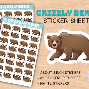 Feuille d’autocollants grizzly ours, autocollants mats, zoo, amour des animaux, animaux, papeterie, pour journaux, agendas, cadeaux, cahiers, voyage, marron