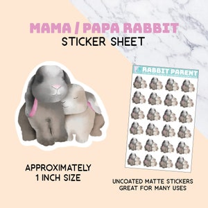 Konijn ouder stickervel, mama, papa, babyshower, plakboek, uitnodigingen, papierkunst, decor, feest, 1 inch, klein, stationair, konijntje