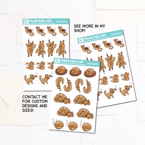 Puede incluir: Tres hojas de pegatinas con ilustraciones de gatos atigrados marrones en varias poses. La primera hoja muestra gatos jugando con un rat&oacute;n de juguete. La segunda hoja muestra gatos durmiendo en una cama. La tercera hoja muestra gatos jugando con una cuerda. El texto "Playing Cat Planner & Decoration Stickers" est&aacute; en la primera hoja. El texto "Napping Cat Planner & Decoration Stickers" est&aacute; en la segunda hoja. El texto "Playing Cat Planner & Decoration Stickers" est&aacute; en la tercera hoja. El texto "See More In My Shop!" est&aacute; en la tercera hoja. El texto "Contact Me For Custom Designs And Sizes!" est&aacute; en la primera hoja.