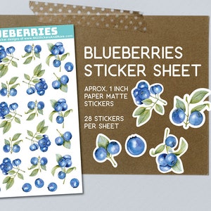 Blueberry sticker sheet, berry bush, blueberries, watercolor style, paper matte stickers, stationary, for crafting, labels, scrapbooking