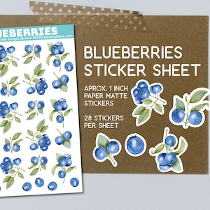 Hoja de pegatinas de arándanos, arbusto de bayas, arándanos, estilo de acuarela, pegatinas de papel mate, papelería, para manualidades, etiquetas, álbum de recortes