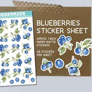 Blueberry sticker sheet, berry bush, blueberries, watercolor style, paper matte stickers, stationary, for crafting, labels, scrapbooking