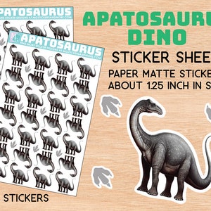 Feuille d'autocollants Apatosaurus, dinosaure, stationnaire, dino, réaliste, autocollants en papier mat, jurassique, petit pied, prédateur, album, invite