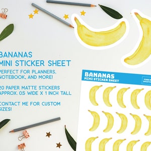 Mini Bananen Sticker, Banane, Obstliebe, Mini Papier Sticker, für Planer, Notizbücher, Journale, Memopads, kleine Aufkleber, süß, Obstcake