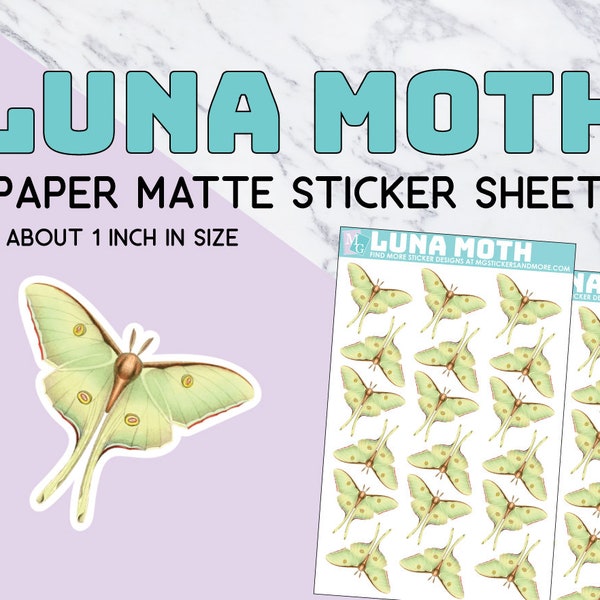 Luna Moth sticker sheet, stickers, moths, green, card making, botany, nature, journal, scrapbooking, journal, ephemera, decor, butterfly
