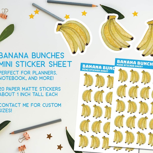 Mini Banana Bunch Stickers, banana, for planner, notebooks, journals, memo pads, small stickers, cute, fruitcake, banana stationary, mini