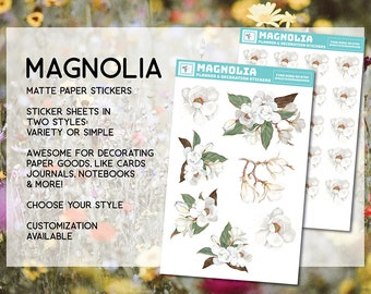 Magnolia stickers, magnolias, white magnolia, sticker sheet, bouquet, for crafts, card making, stationary, notebooks, journals, scrapbooks