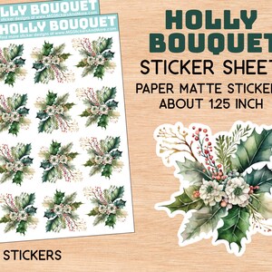 Holly Bouquet stickers, Groen, wit, bessen, aquarel, papier knutselen, bloemen, stationair, knutselen, waarde, papier mat stickervel
