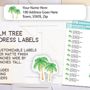 May include: Palm tree address labels with customisable fields. The labels are 6.35 cm wide by 1.27 cm tall and include sealing stickers. The design features watercolour palm trees and space for name and address.