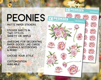 Peonies sticker sheet, peony, pink, stickers, stationary, garden, floral, flowers, for notebooks, journals, crafts, card making, scrapbook
