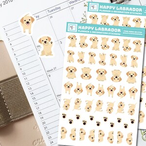 May include: A sheet of planner stickers featuring adorable Labrador Retriever illustrations. The stickers are white with a light yellow background and feature various poses of the dogs, including sitting, standing, and playing. The text "HAPPY LABRADOR PLANNER & DECORATION STICKERS" is printed at the top of the sheet.
