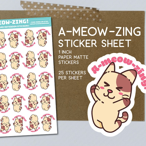 A-meow-zing Cat stickers, napping cat, kitty, cute, planner, diary, journal, stationary, cat lover, cat love, purrfect, cat purr, sticker